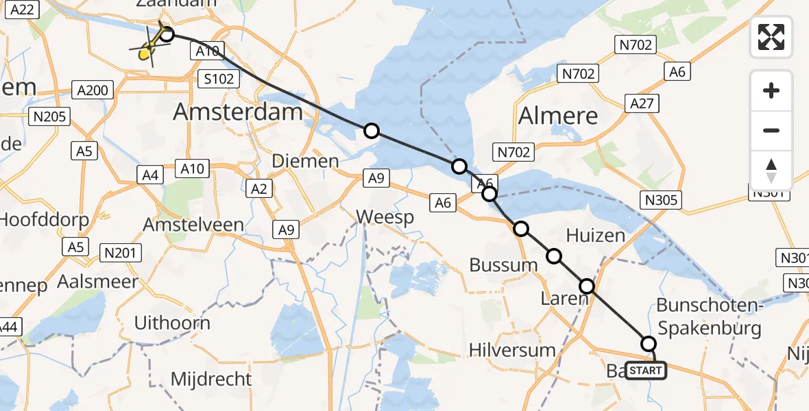 Routekaart van de vlucht: Lifeliner 1 naar Amsterdam Heliport, Zuidereind