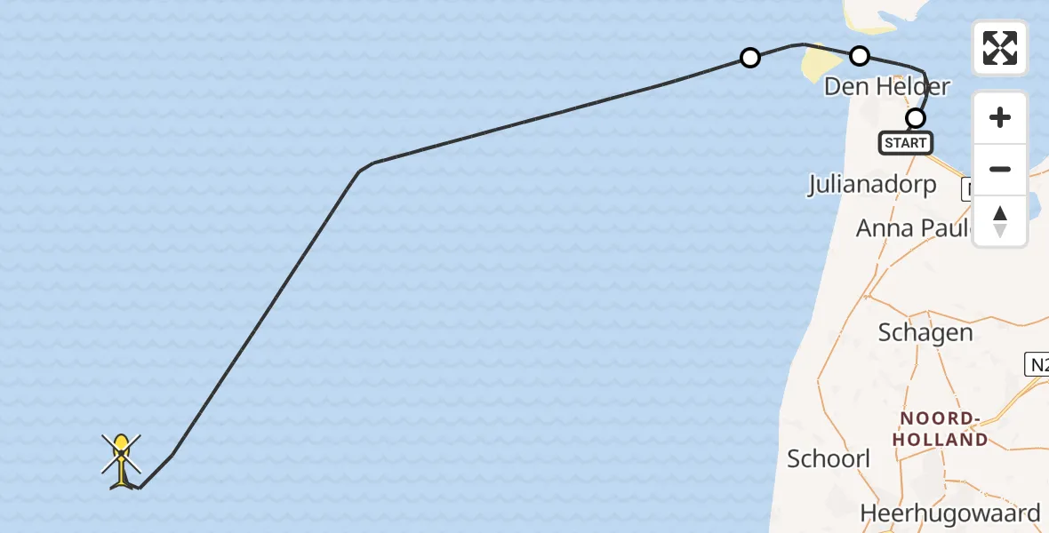 Vluchtroute Kustwachthelikopter van Vliegveld De Kooy naar 