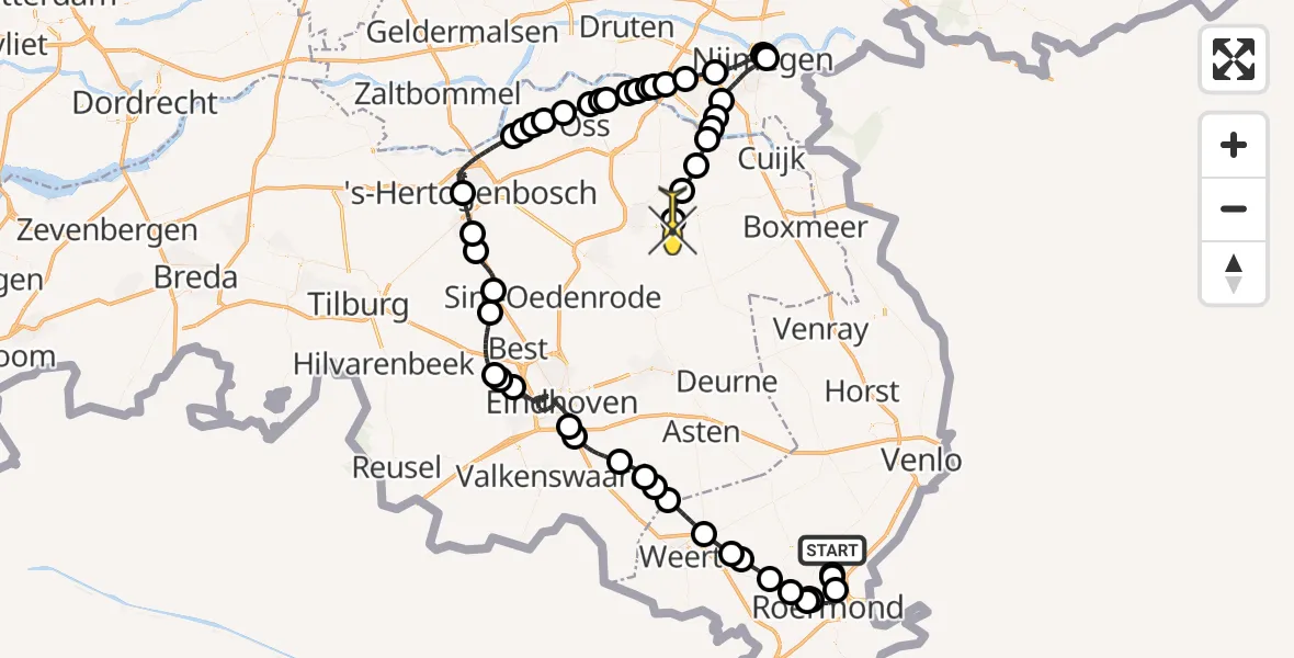 Routekaart van de vlucht: Politieheli naar Vliegbasis Volkel, Zwaarveld