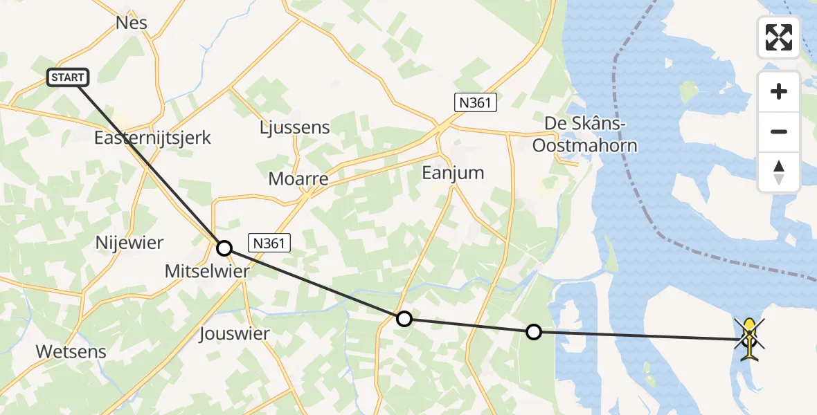 Routekaart van de vlucht: Ambulanceheli naar Kollumerpomp, Dongerawei