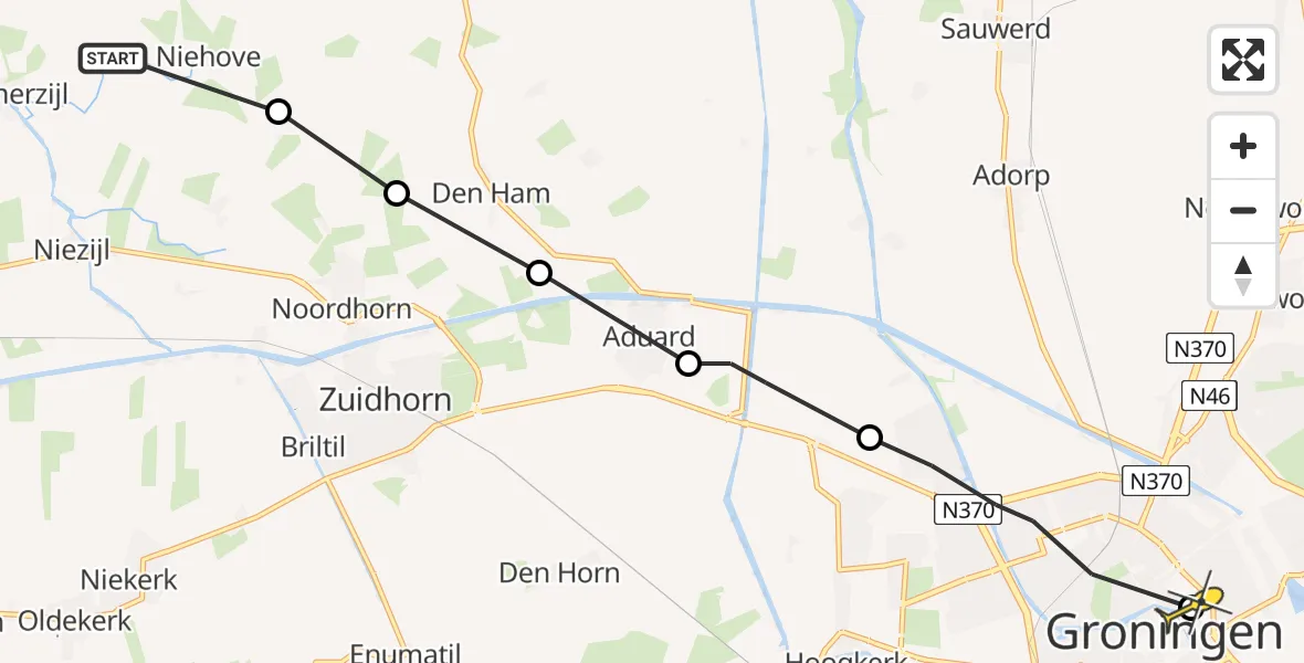 Routekaart van de vlucht: Ambulancehelikopter naar Universitair Medisch Centrum Groningen, Frijtumerweg
