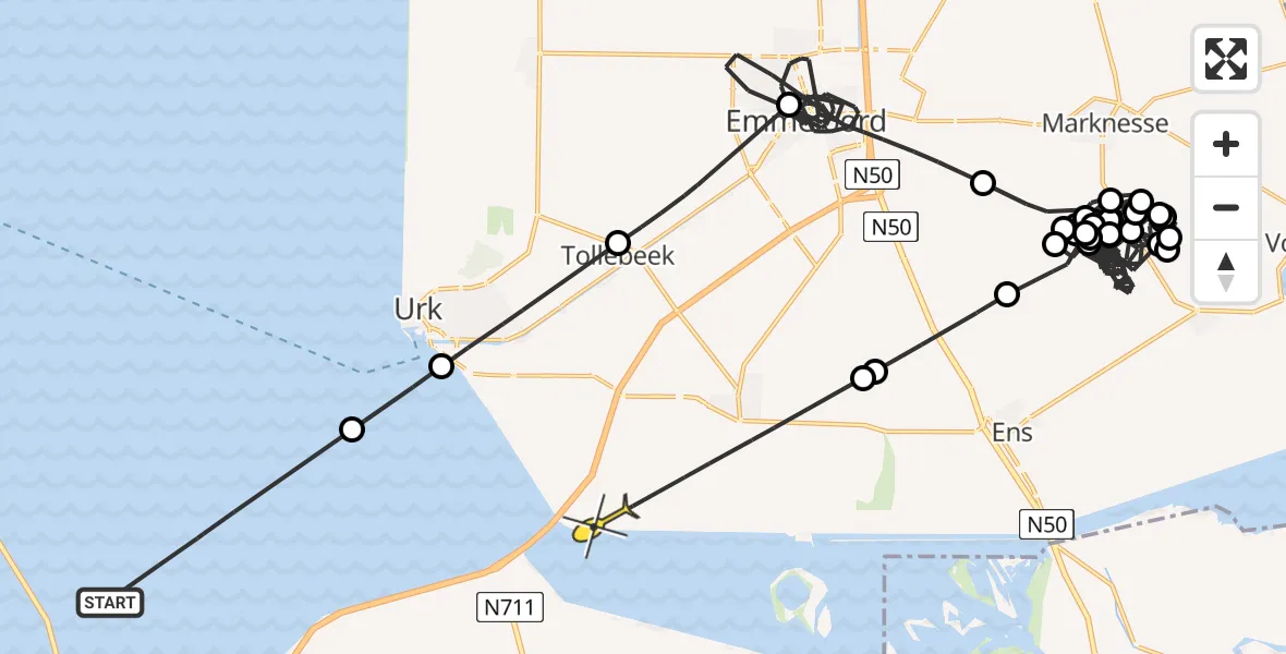 Routekaart van de vlucht: Politieheli naar Nagele, Zuidermeerdijk