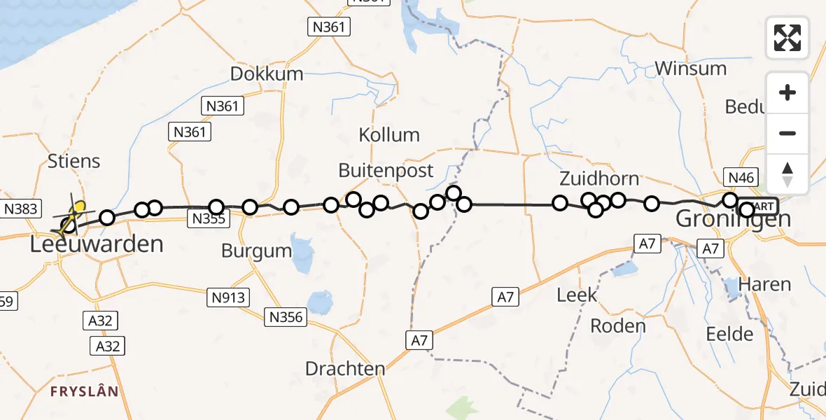 Routekaart van de vlucht: Ambulancehelikopter naar Vliegbasis Leeuwarden, Billitonplein