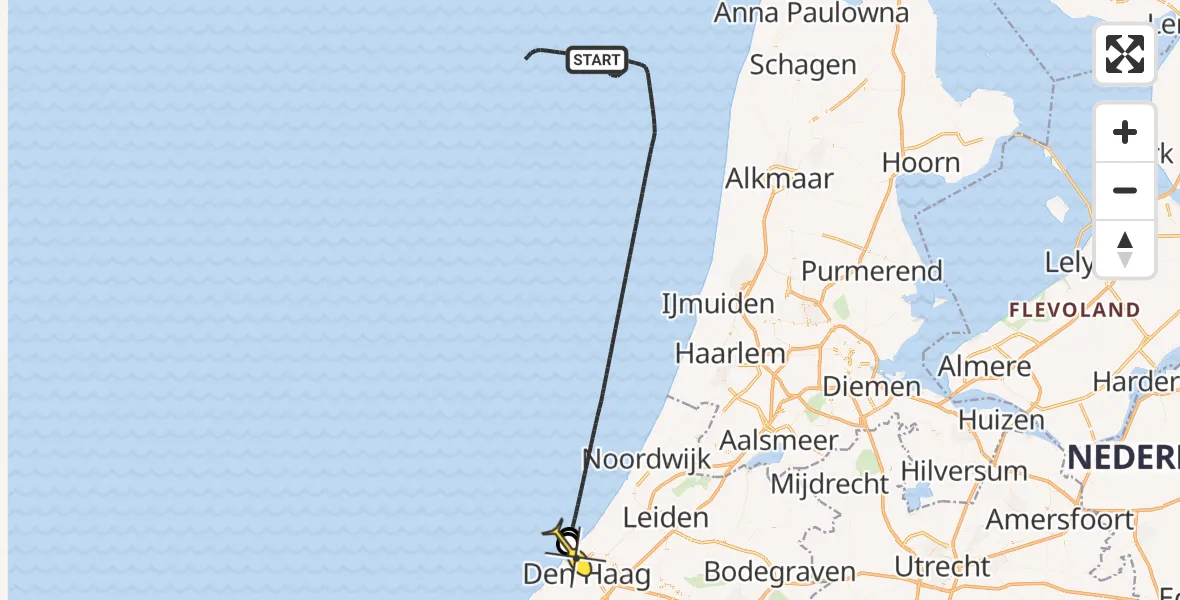 Routekaart van de vlucht: Kustwachthelikopter naar Den Haag, Strand Noord