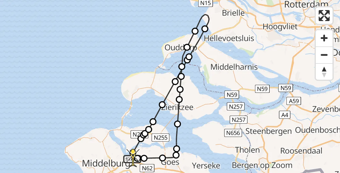 Routekaart van de vlucht: Kustwachthelikopter naar Vliegveld Midden-Zeeland, Muidenweg