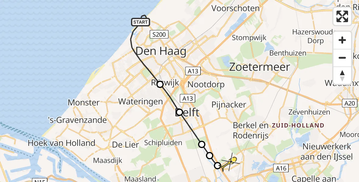 Routekaart van de vlucht: Kustwachthelikopter naar Rotterdam The Hague Airport, Strand Noord