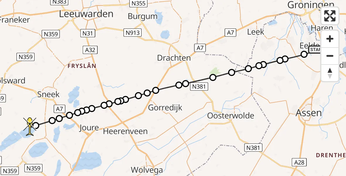 Routekaart van de vlucht: Lifeliner 4 naar Heeg, Veldkampweg