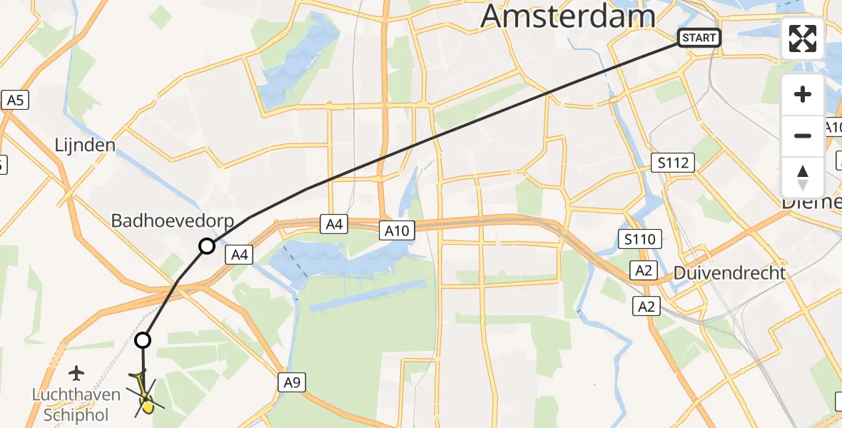 Routekaart van de vlucht: Politieheli naar Luchthaven Schiphol, Plantage Middenlaan