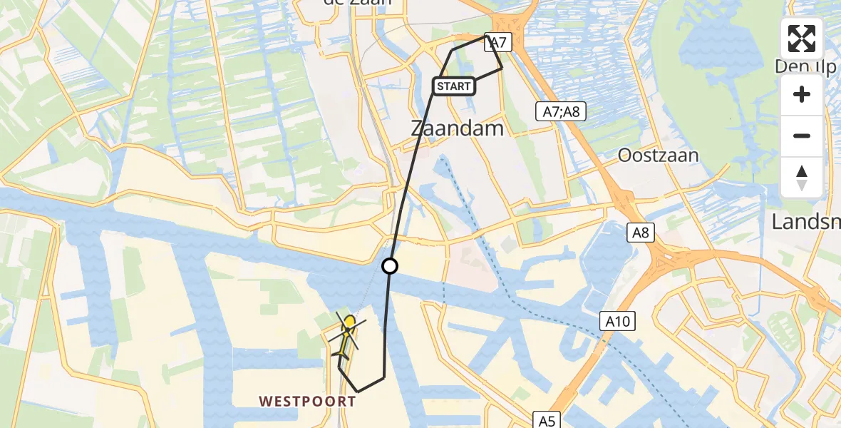 Routekaart van de vlucht: Lifeliner 1 naar Amsterdam Heliport, Prins Bernhardweg