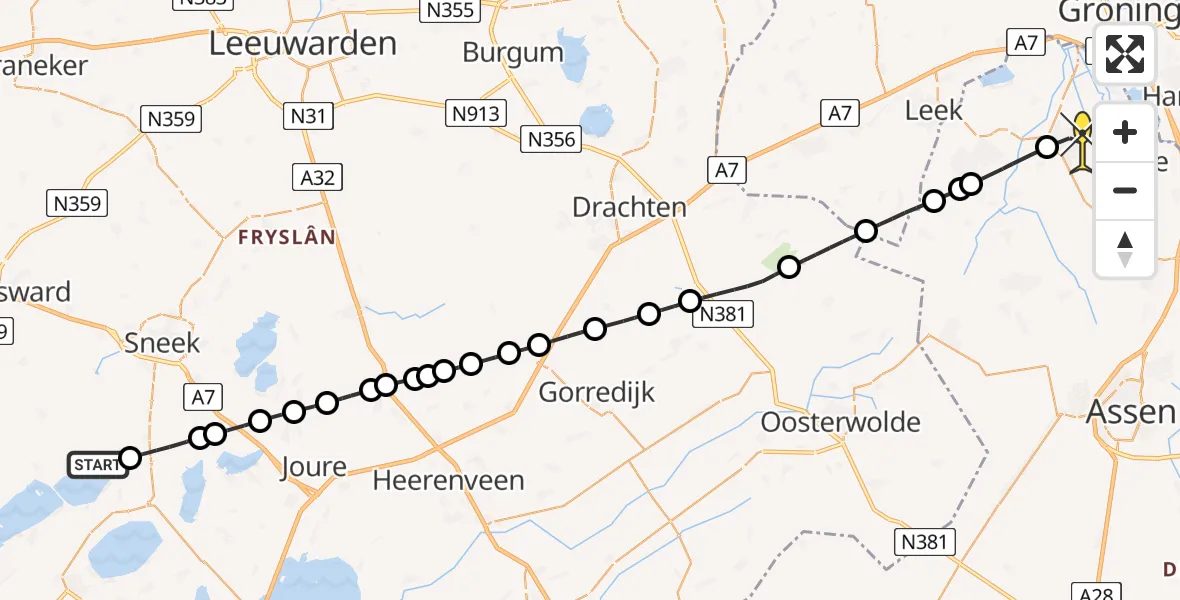 Routekaart van de vlucht: Lifeliner 4 naar Peize, Gouden Boaijum