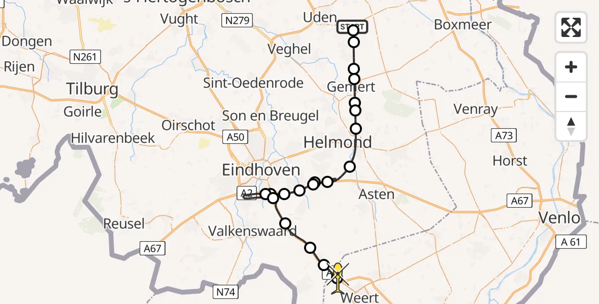 Routekaart van de vlucht: Politieheli naar Nederweert, Oosterheidestraat