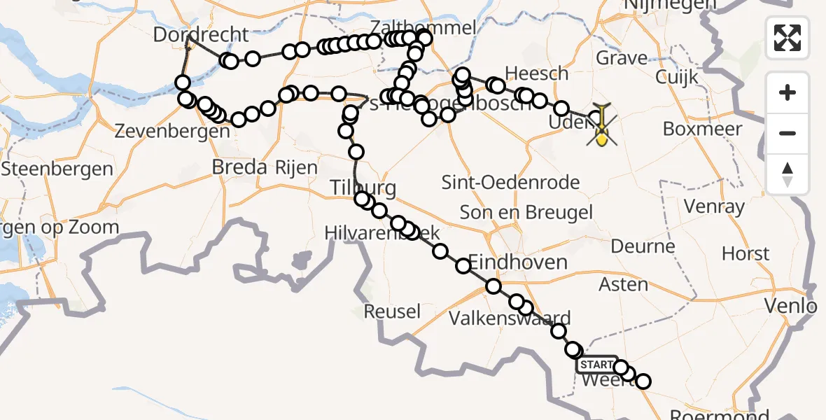 Routekaart van de vlucht: Politieheli naar Vliegbasis Volkel, Veldweverstraat