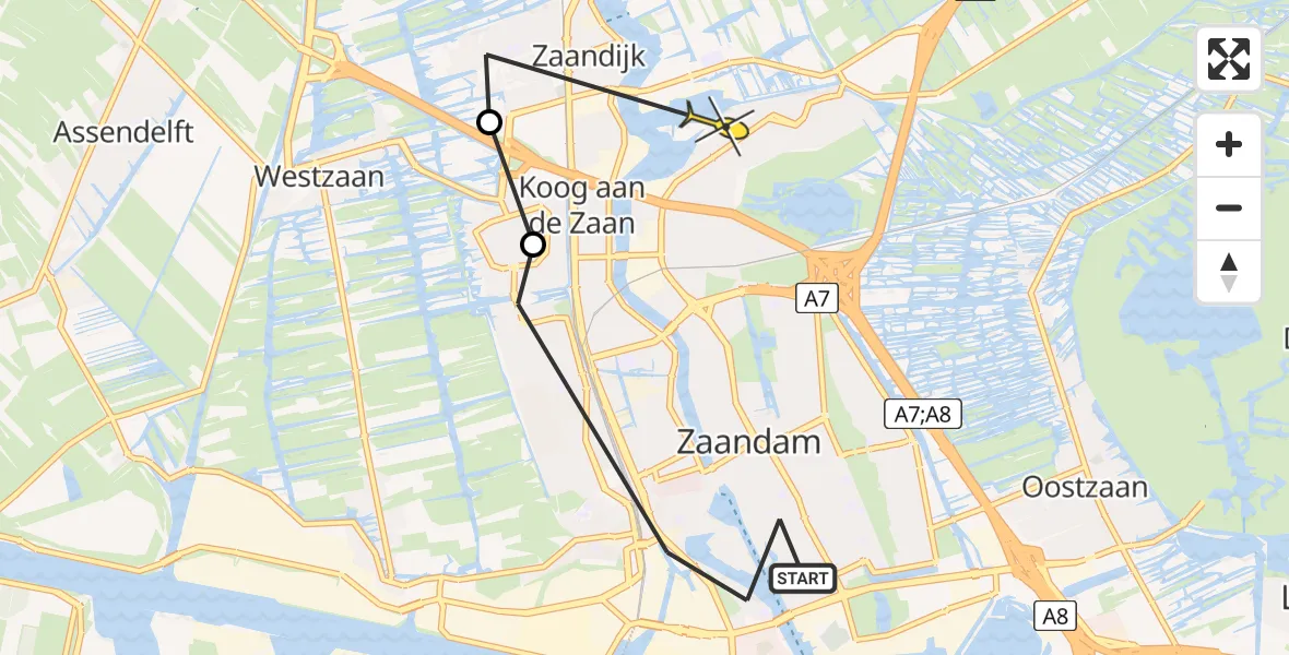 Routekaart van de vlucht: Politiehelikopter naar Zaandam, Wyborgstraat