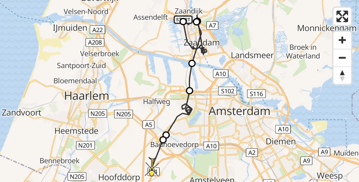 Routekaart van de vlucht: Politiehelikopter naar Luchthaven Schiphol, Doctor H.G. Scholtenstraat