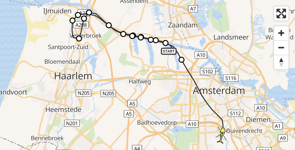 Routekaart van de vlucht: Lifeliner 1 naar Amsterdam, Capriweg