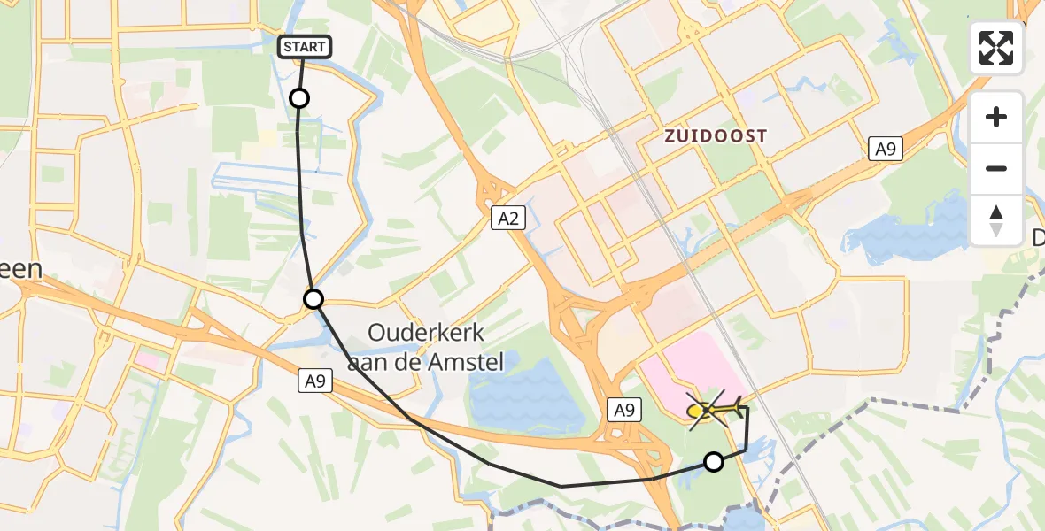 Routekaart van de vlucht: Lifeliner 1 naar Academisch Medisch Centrum (AMC), Bankrasweg