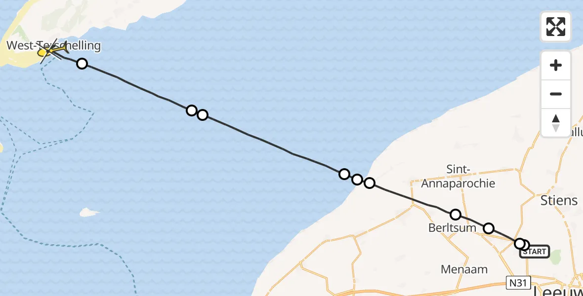 Routekaart van de vlucht: Ambulancehelikopter naar West-Terschelling, Dyksterhuzen