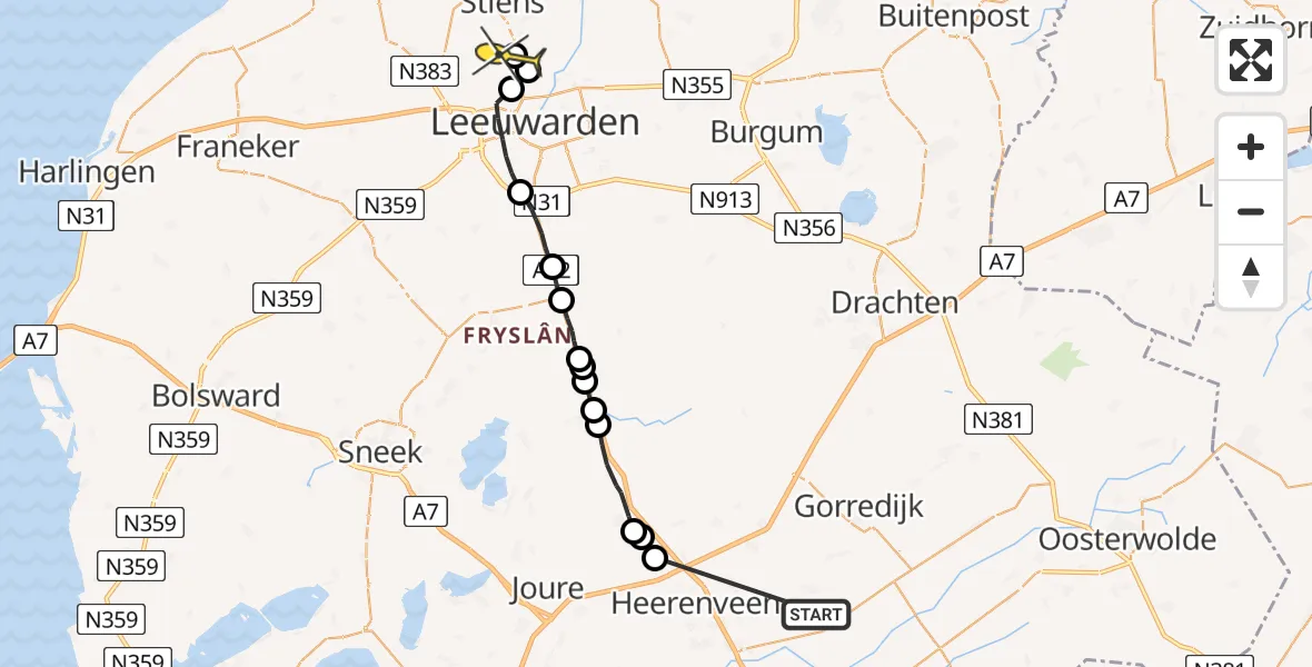 Routekaart van de vlucht: Ambulancehelikopter naar Vliegbasis Leeuwarden, Wetterwille
