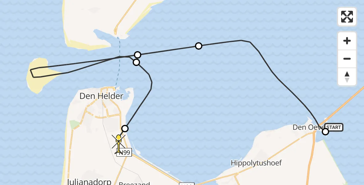 Routekaart van de vlucht: Kustwachthelikopter naar Vliegveld De Kooy, Sluiskolkkade