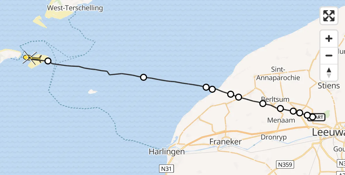 Routekaart van de vlucht: Ambulanceheli naar Vlieland, Tilledyk