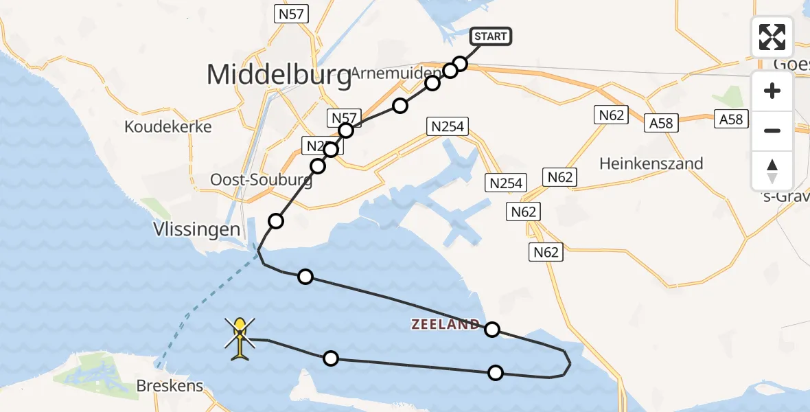 Routekaart van de vlucht: Kustwachthelikopter naar Vlissingen, Rijksweg