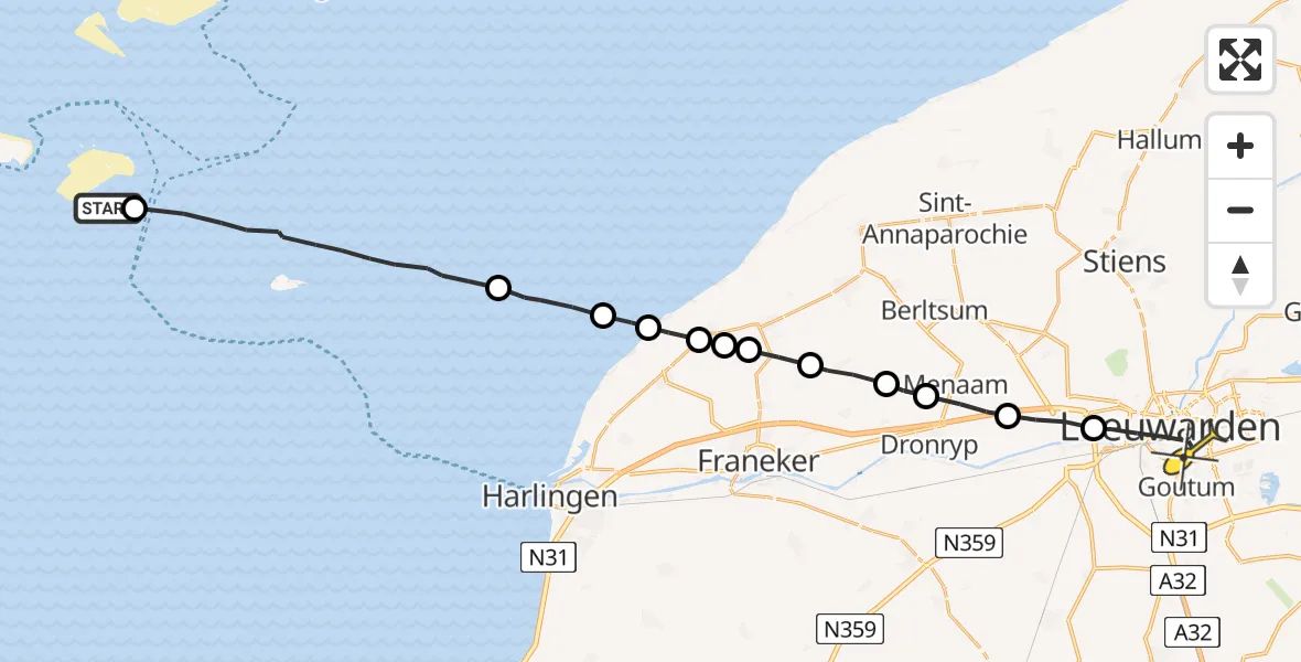 Routekaart van de vlucht: Ambulanceheli naar Leeuwarden, Fransche Gaatje