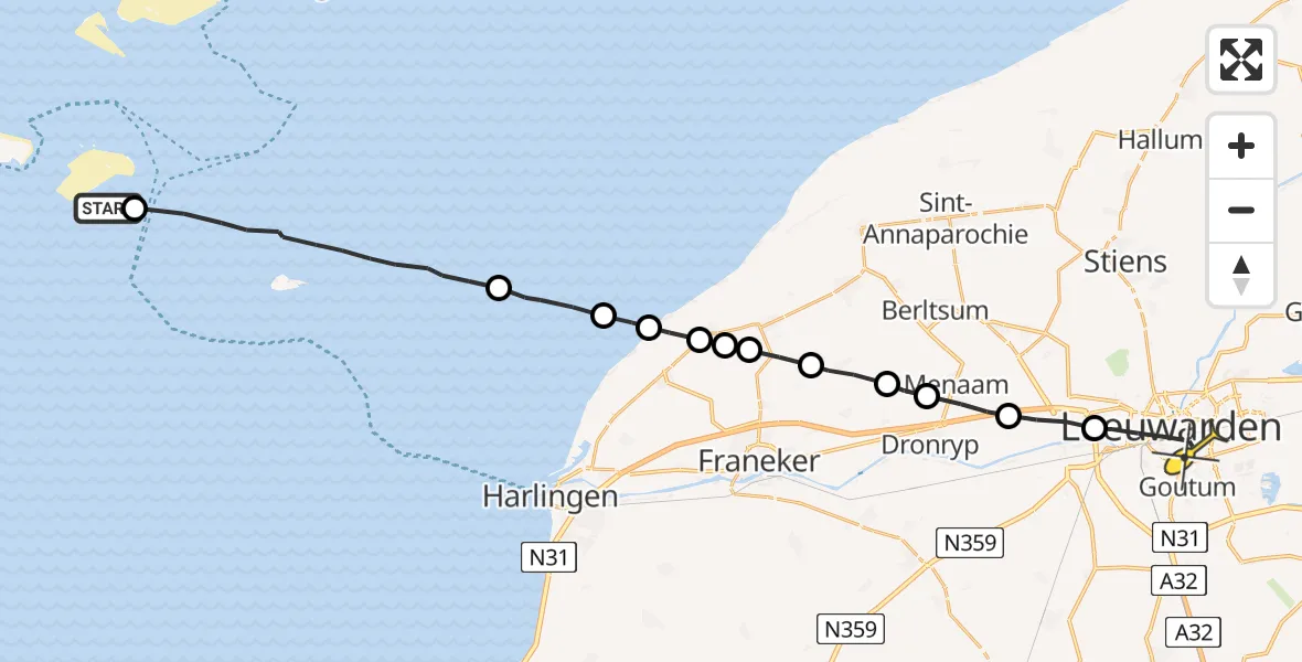 Routekaart van de vlucht: Ambulancehelikopter naar Leeuwarden, Fransche Gaatje