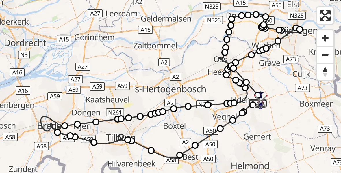 Vluchtroute Politiehelikopter van Vliegbasis Volkel naar Vliegbasis Volkel