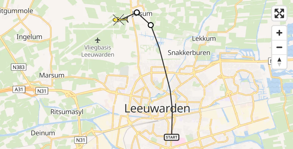 Vluchtroute Ambulancehelikopter van Leeuwarden naar Vliegbasis Leeuwarden
