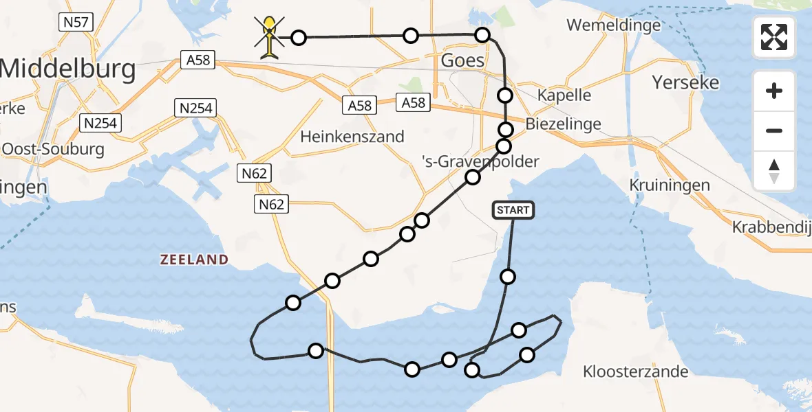 Routekaart van de vlucht: Kustwachthelikopter naar 's-Heer Arendskerke, Zee en inlaagdijk Hoedekenskerke