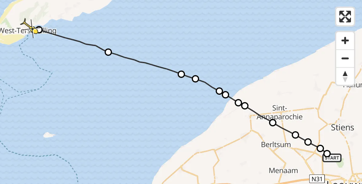 Routekaart van de vlucht: Ambulancehelikopter naar West-Terschelling, Nijlânsdyk
