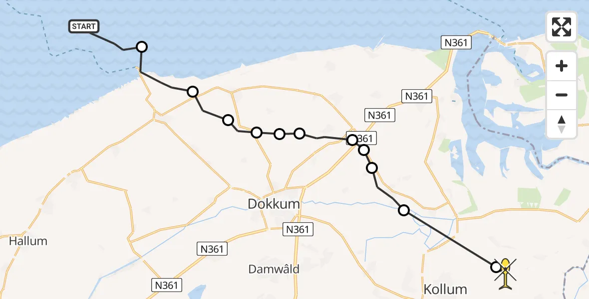 Routekaart van de vlucht: Ambulancehelikopter naar Kollumerpomp, Grândyk