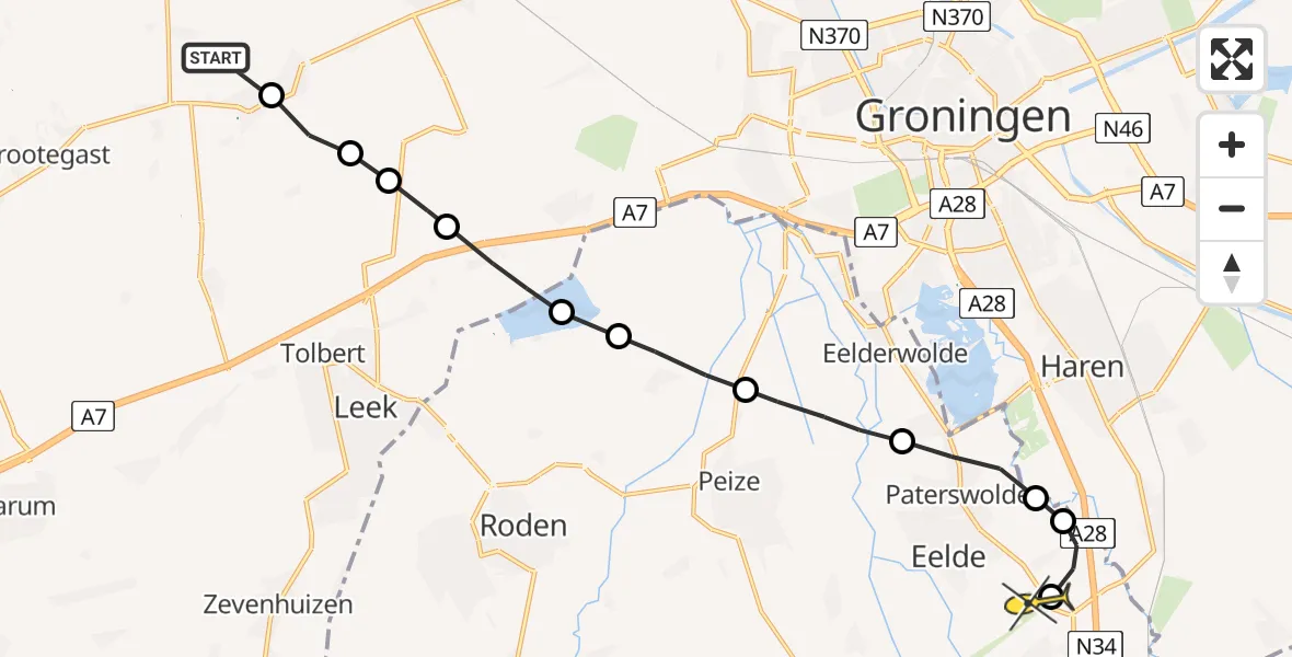 Routekaart van de vlucht: Ambulancehelikopter naar Groningen Airport Eelde, Bennemaheerd