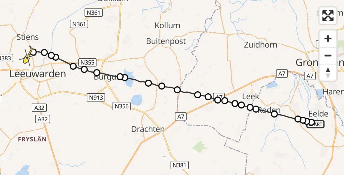 Vluchtroute Ambulancehelikopter van Groningen Airport Eelde naar Vliegbasis Leeuwarden