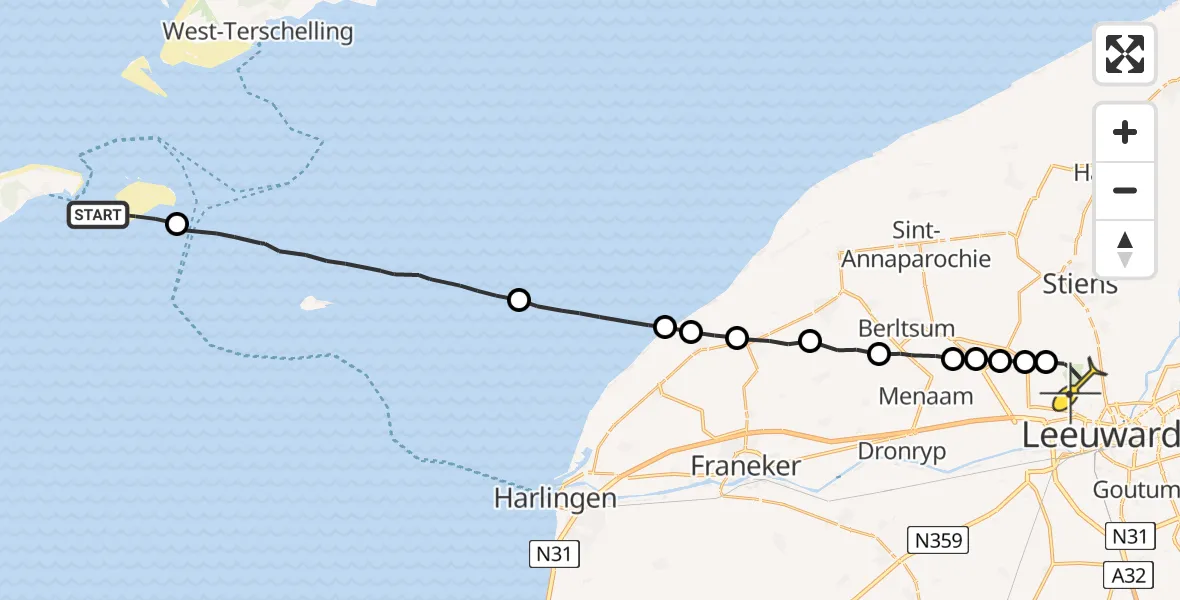 Routekaart van de vlucht: Ambulancehelikopter naar Vliegbasis Leeuwarden, Richel