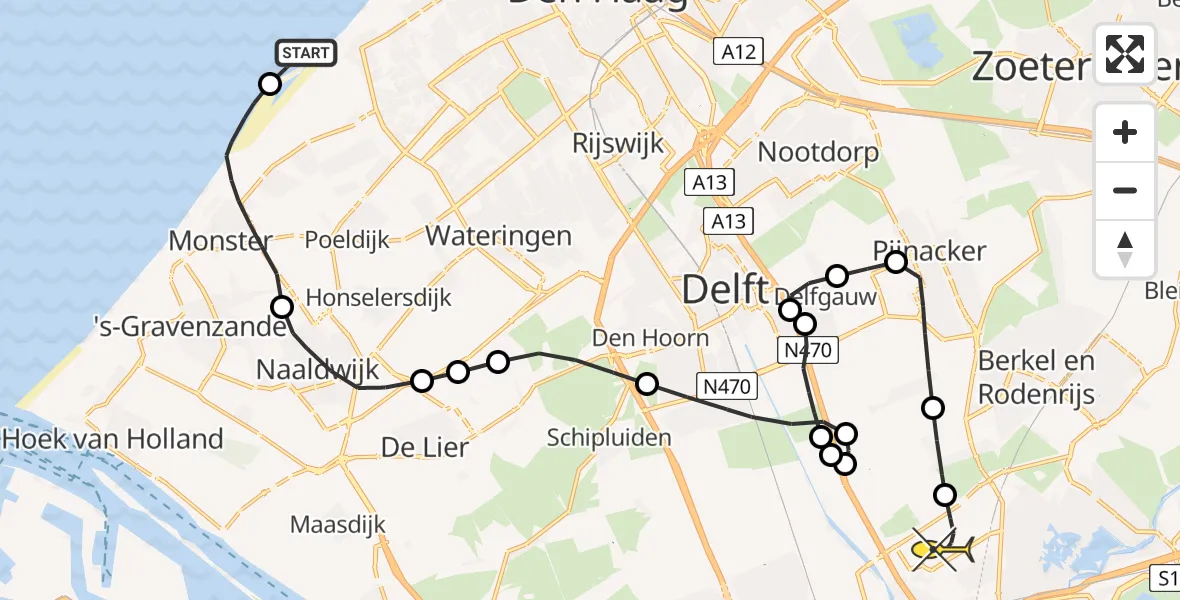 Routekaart van de vlucht: Politiehelikopter naar Rotterdam The Hague Airport, Strandopgang Monster Schelpenpad