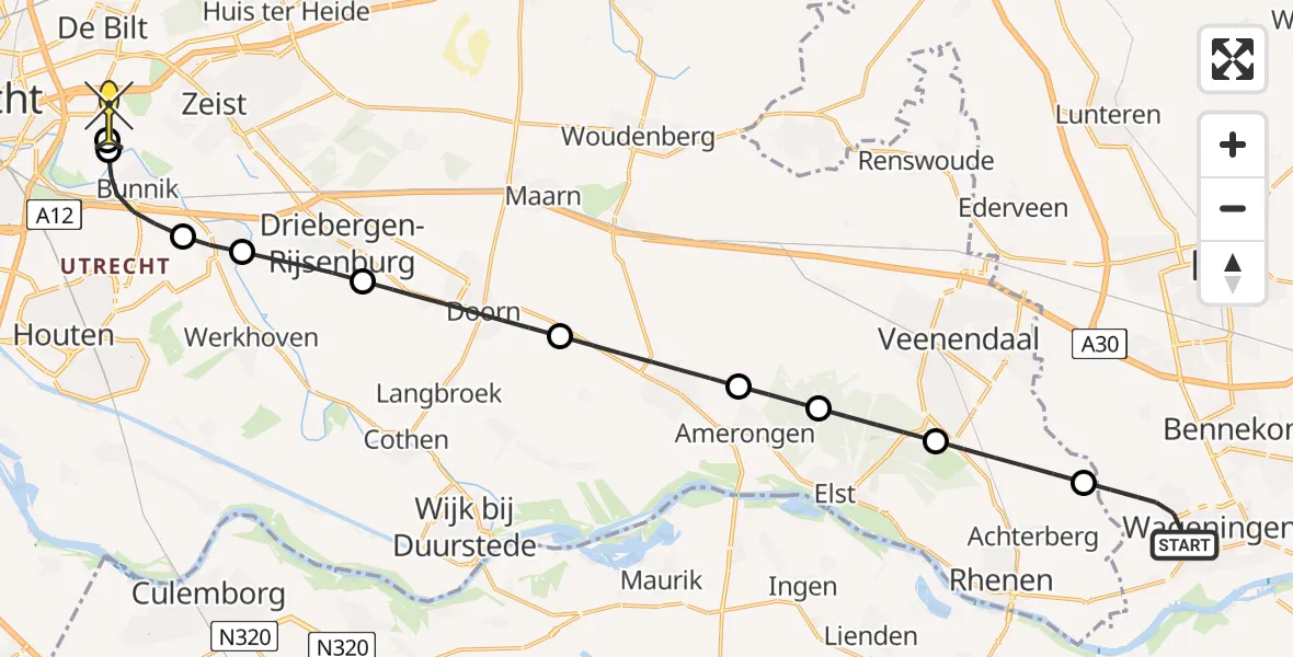 Routekaart van de vlucht: Lifeliner 3 naar Universitair Medisch Centrum Utrecht, Oordensloot