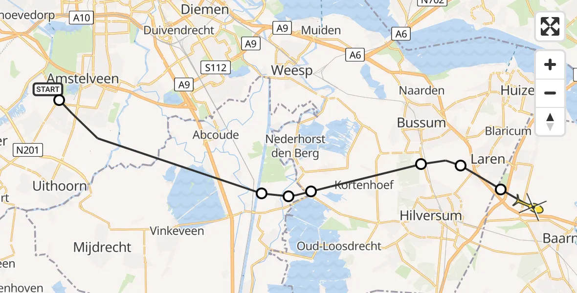 Routekaart van de vlucht: Politiehelikopter naar Eemnes, Legmeerdijk