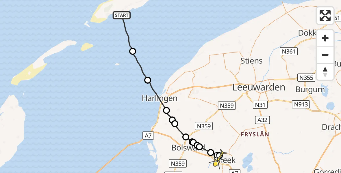 Routekaart van de vlucht: Ambulancehelikopter naar Sneek, Doodemanshoek