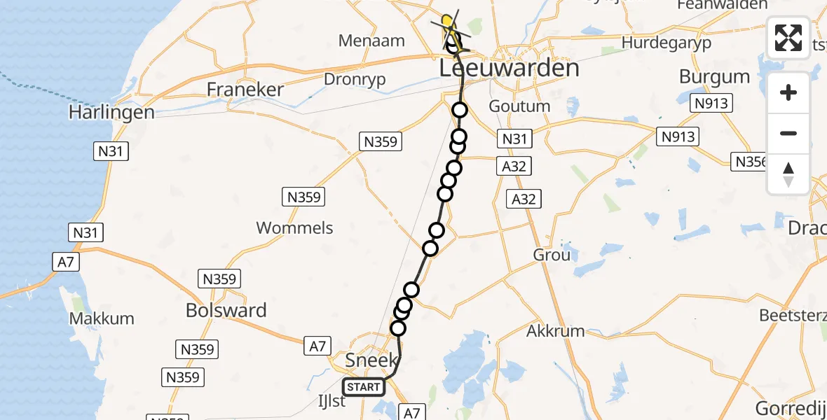 Routekaart van de vlucht: Ambulancehelikopter naar Leeuwarden, Stadsrondweg-Oost