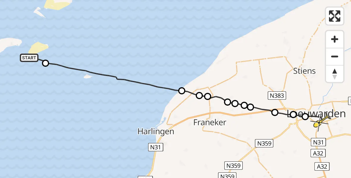 Routekaart van de vlucht: Ambulancehelikopter naar Leeuwarden, Fransche Gaatje
