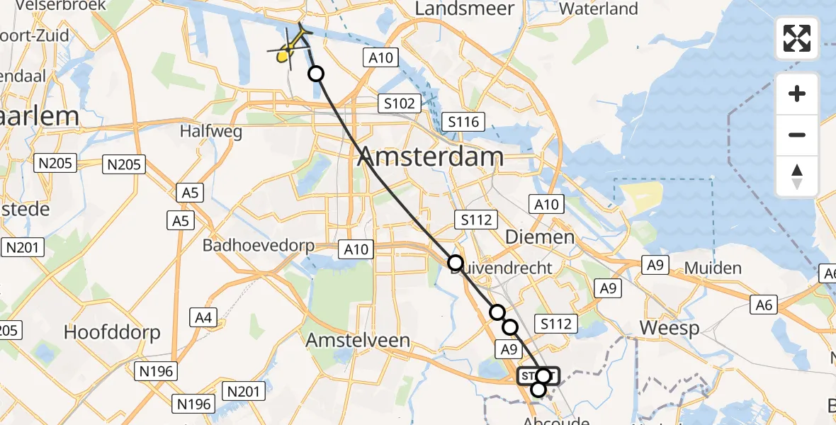 Routekaart van de vlucht: Lifeliner 1 naar Amsterdam Heliport, Hogendijk