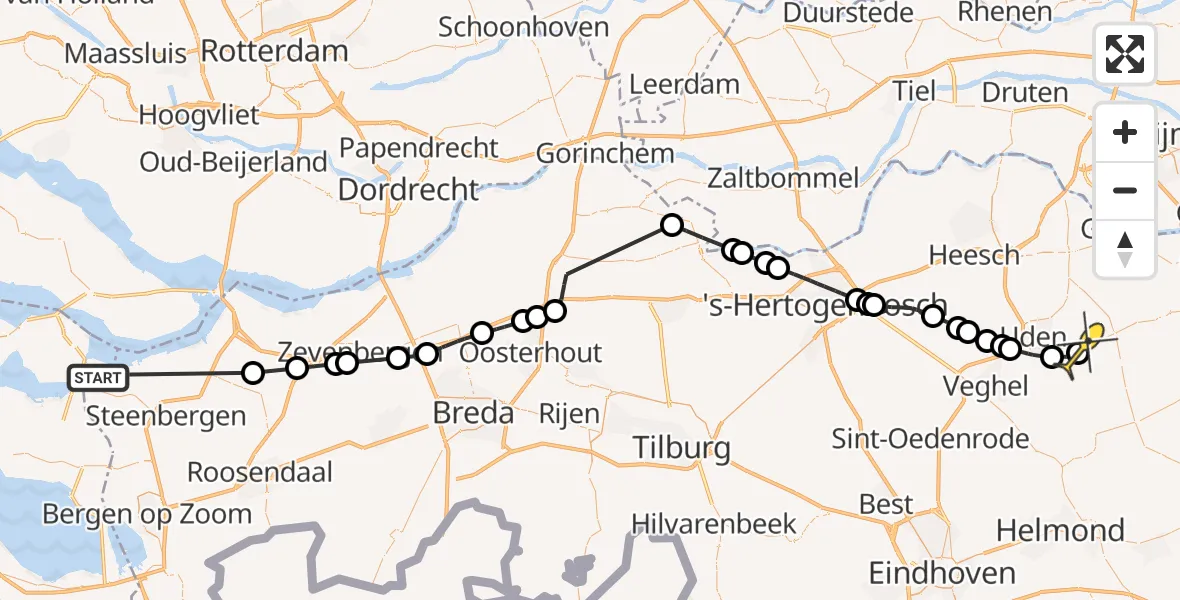Routekaart van de vlucht: Politiehelikopter naar Vliegbasis Volkel, Appelaarsedijk