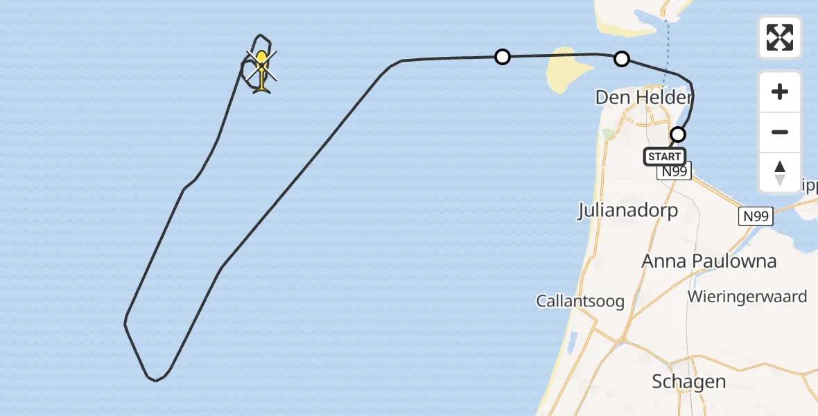 Vluchtroute Kustwachthelikopter van Vliegveld De Kooy naar 