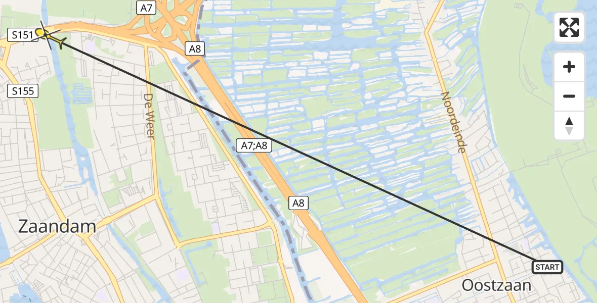 Routekaart van de vlucht: Politiehelikopter naar Zaandam, Koningin Julianaplein
