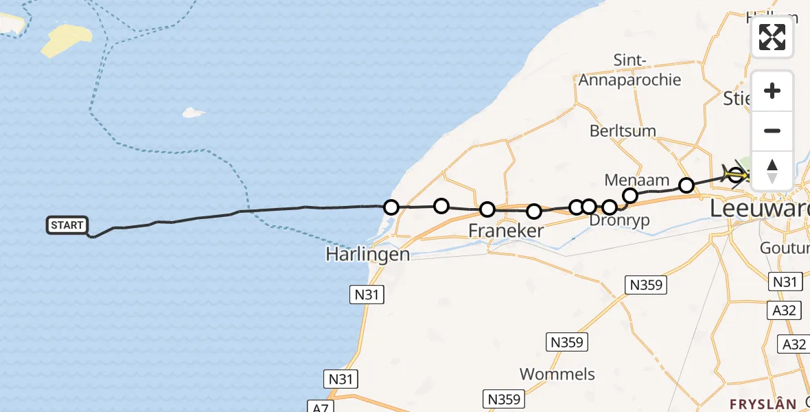 Routekaart van de vlucht: Ambulancehelikopter naar Vliegbasis Leeuwarden, Zuidwal Gas production platform