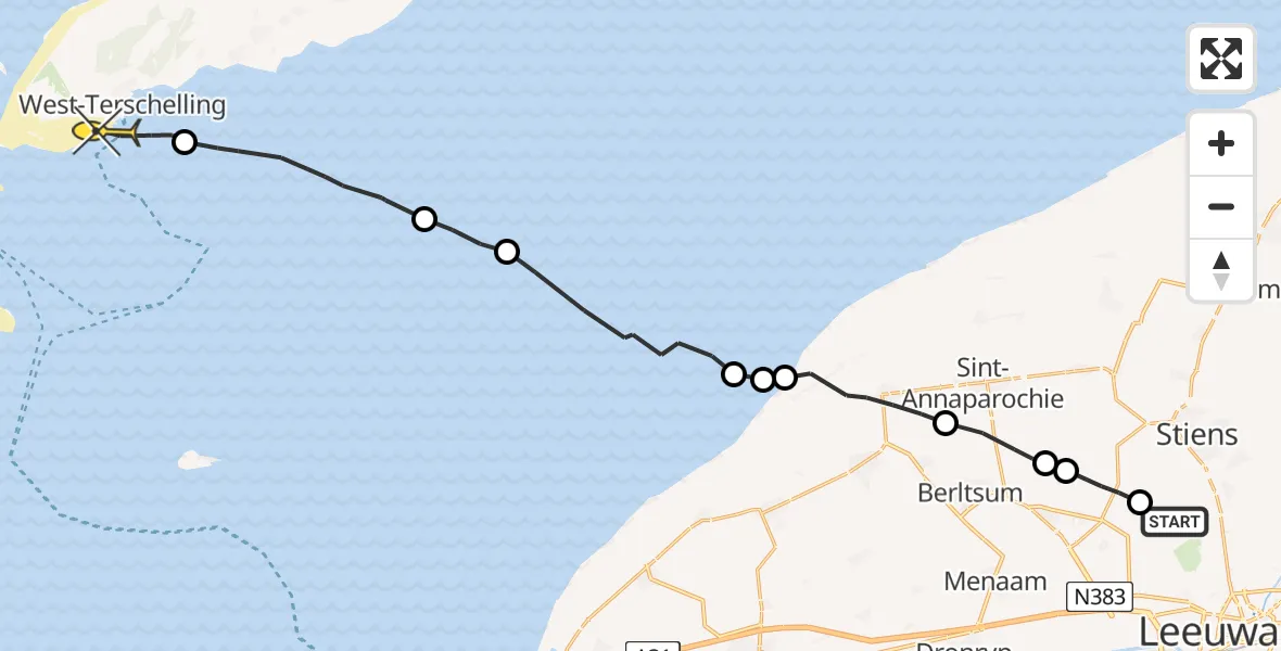 Routekaart van de vlucht: Ambulancehelikopter naar West-Terschelling, Hogerhuisdyk