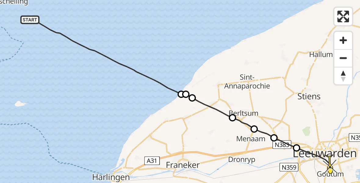 Routekaart van de vlucht: Ambulancehelikopter naar Leeuwarden, Borniastraat