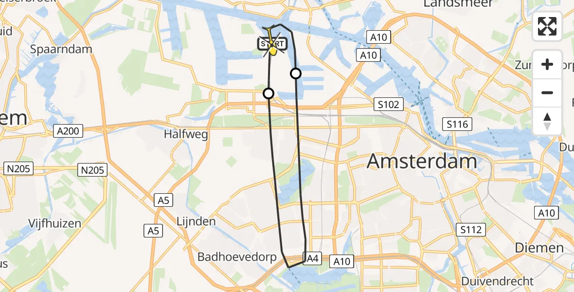 Routekaart van de vlucht: Lifeliner 1 naar Amsterdam Heliport, Nieuw-Zeelandweg