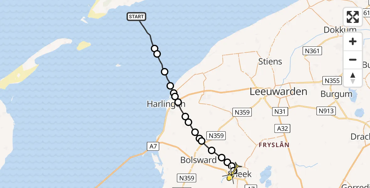 Routekaart van de vlucht: Ambulancehelikopter naar Sneek, Riepel